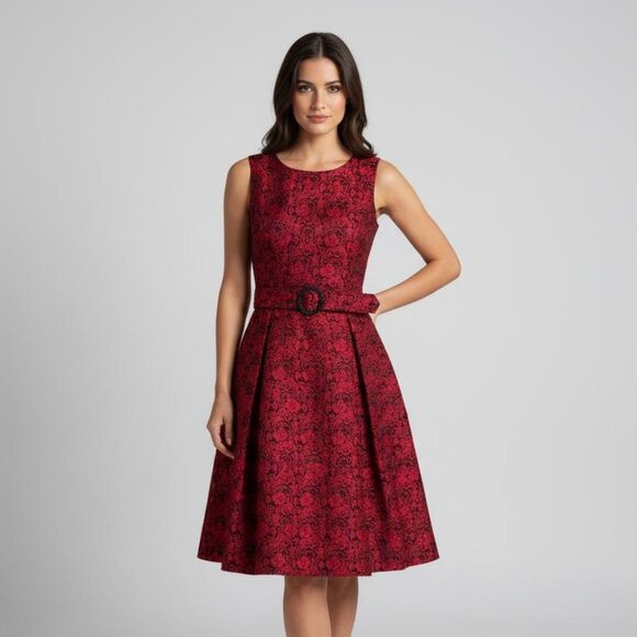 Nine West Dresses & Skirts - Nine West Red and Black Brocade Fit and Flare Dress